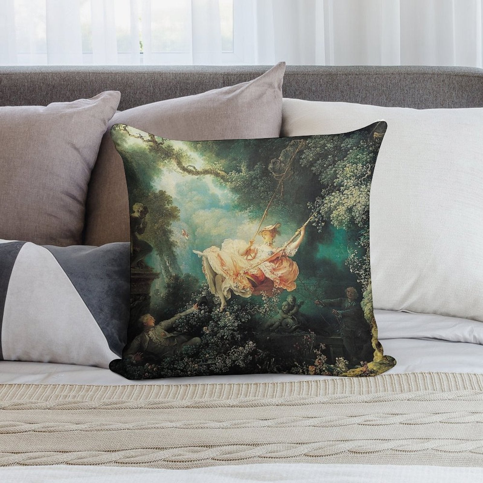 HD. The Swing, by Jean Honoré Fragonard HIGH DEFINITION Soft Reinforced Edging Throw Pillow