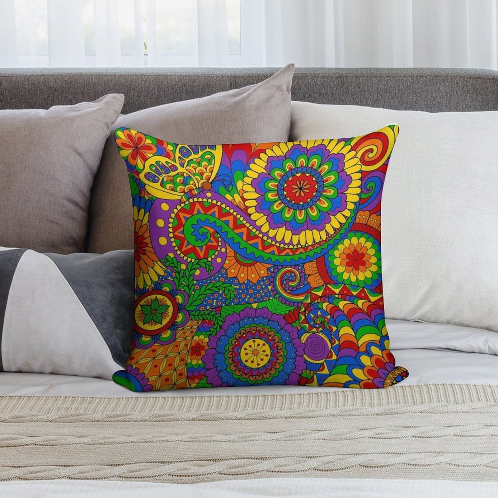 Happy Hippy Psychedelic Rainbow Design Soft Multiple Sizes Throw Pillow