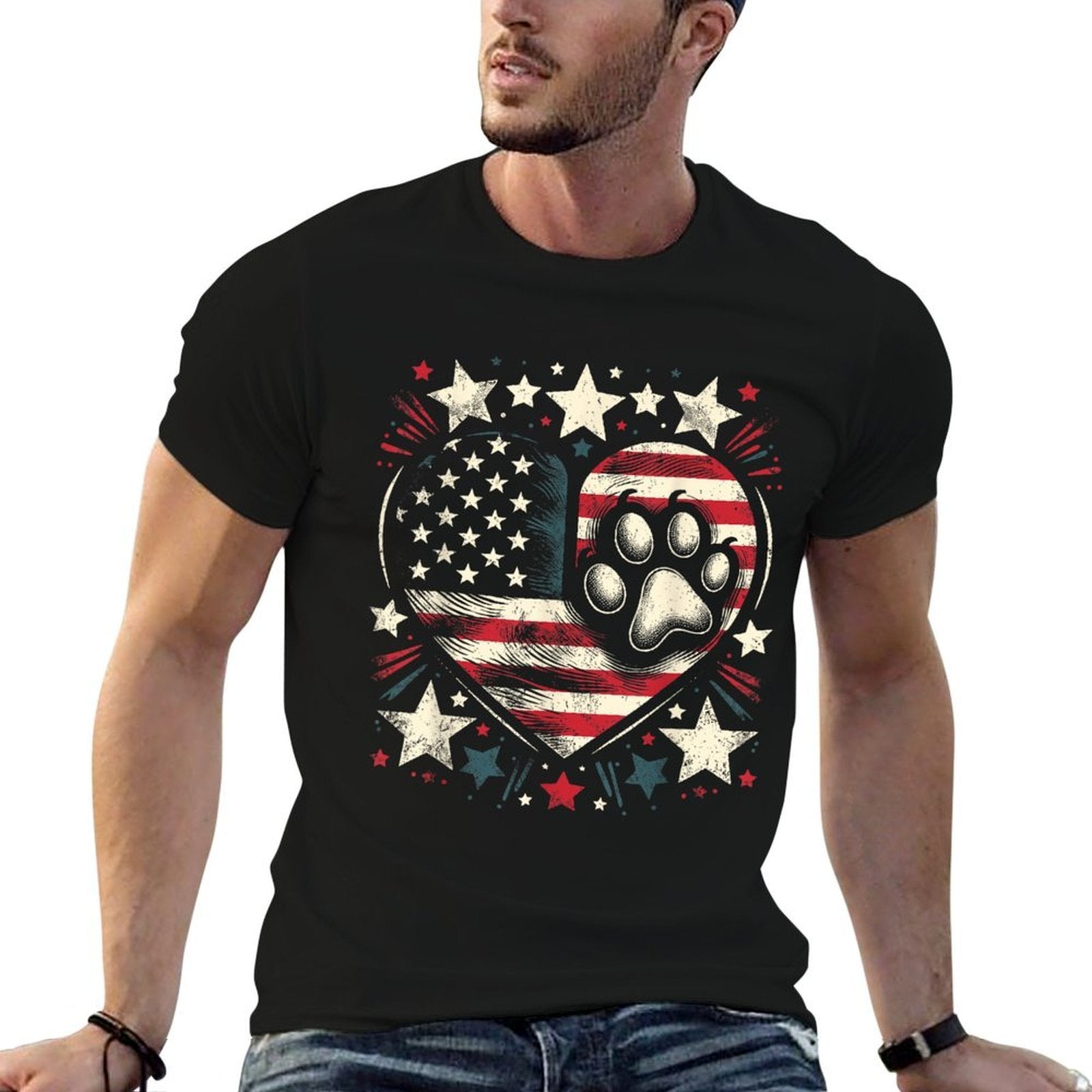 American Patriotic Dog And Cat Paw 4th Of July  Moisture-wicking T-Shirt