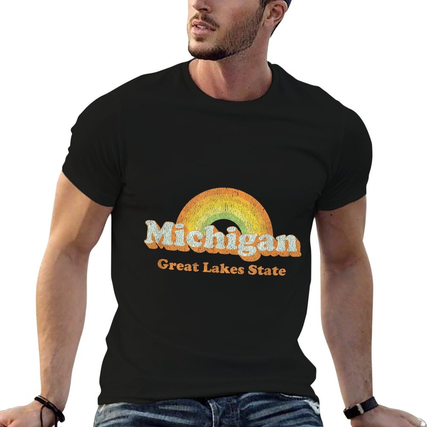 Retro Michigan T Vintage 70s Rainbow Design  Cotton T-Shirt
