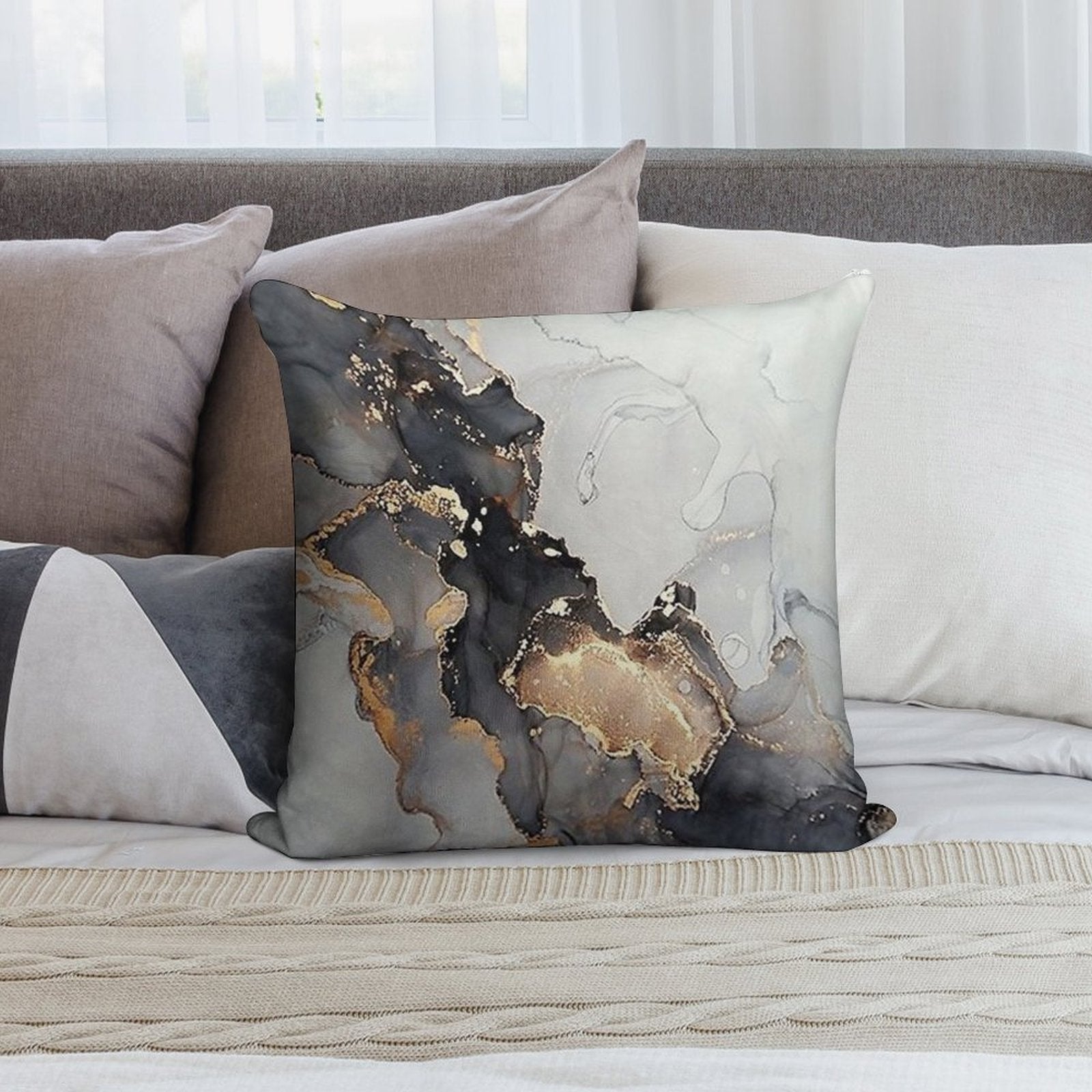 Marble Gray Black Gold Soft Washable Throw Pillow
