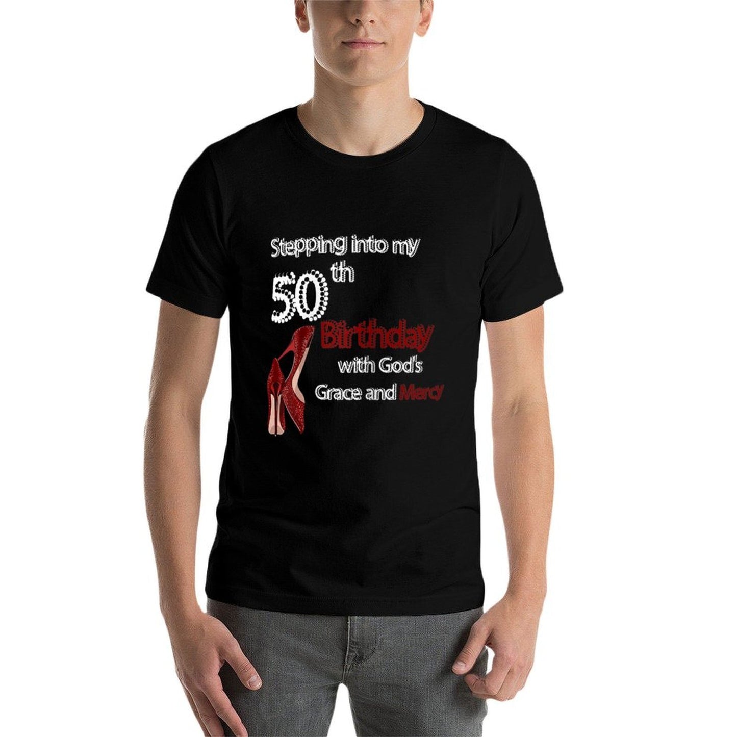 Womens Birthday for Women Girl Stepping Into My 50th Birthday with Ribbed Collar T-Shirt