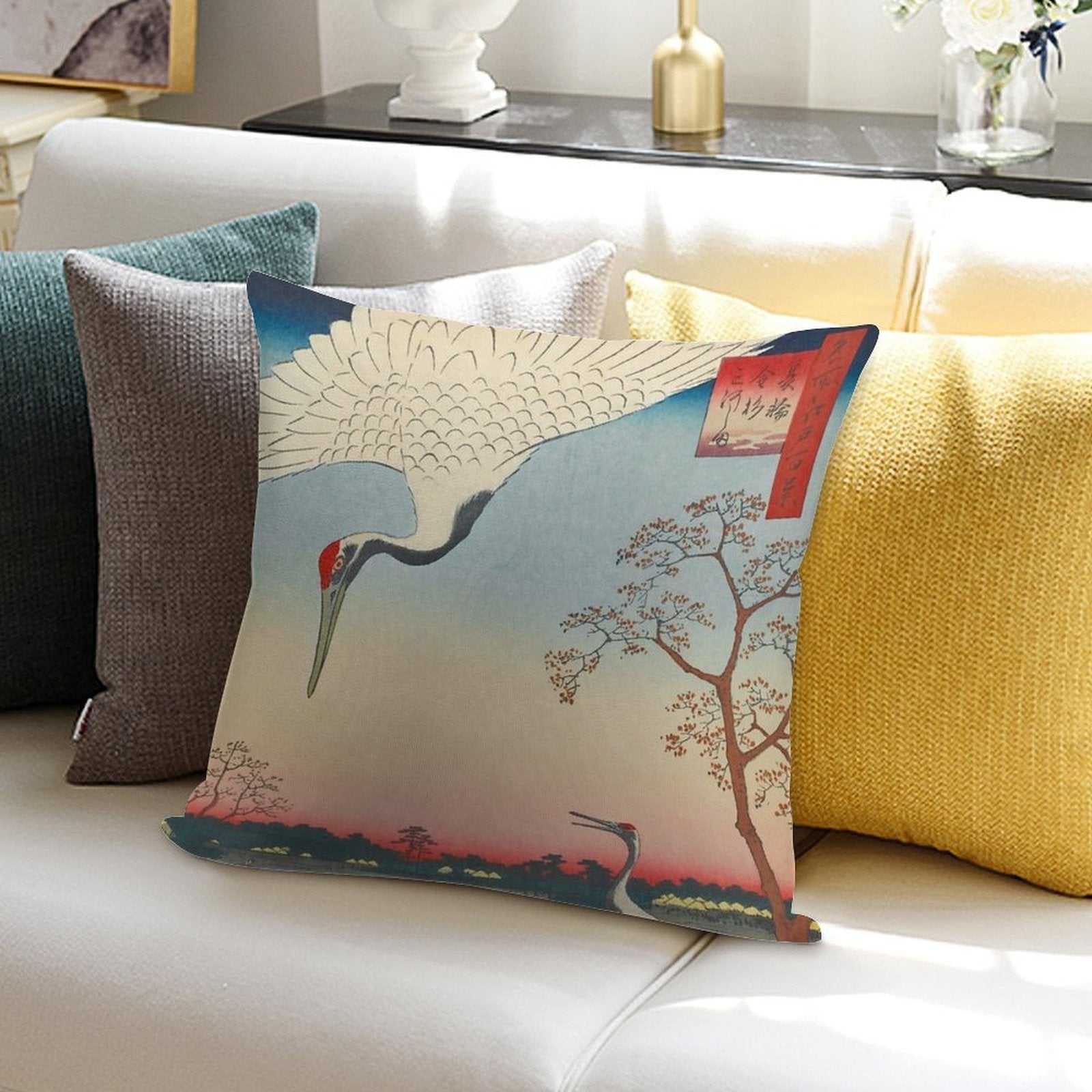 Red-crowned Crane Vintage Ukiyo-e Japanese Art Soft Short Plush Fabric Throw Pillow