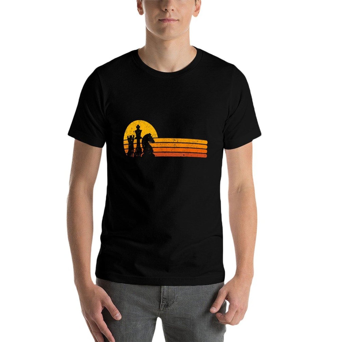 Vintage Chess Player Retro Sunset Design Chess Pieces Cotton T-Shirt