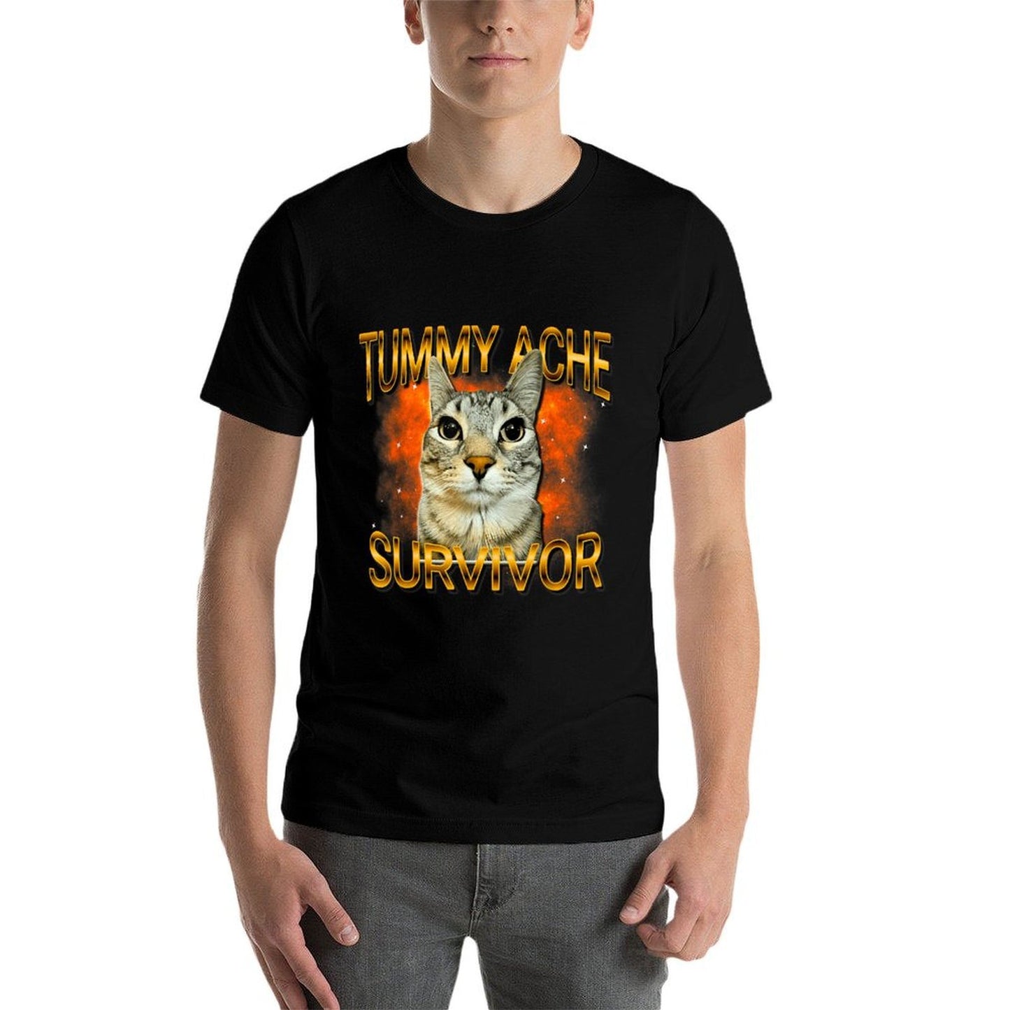 Tummy Ache Survivor Cat Meme Funny Saying Cats Animals Rolled Sleeves T-Shirt