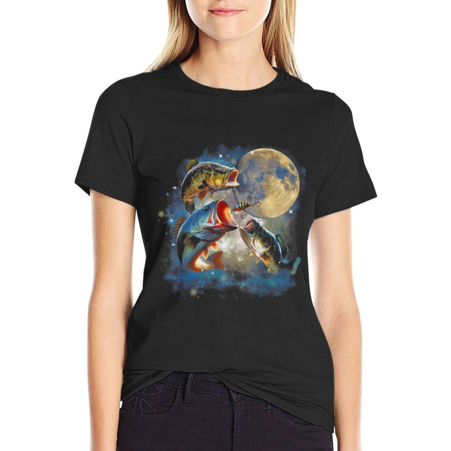 Vintage 90s Largemouth Bass Moon Retro Fisherman Fishing Versatile T-Shirt