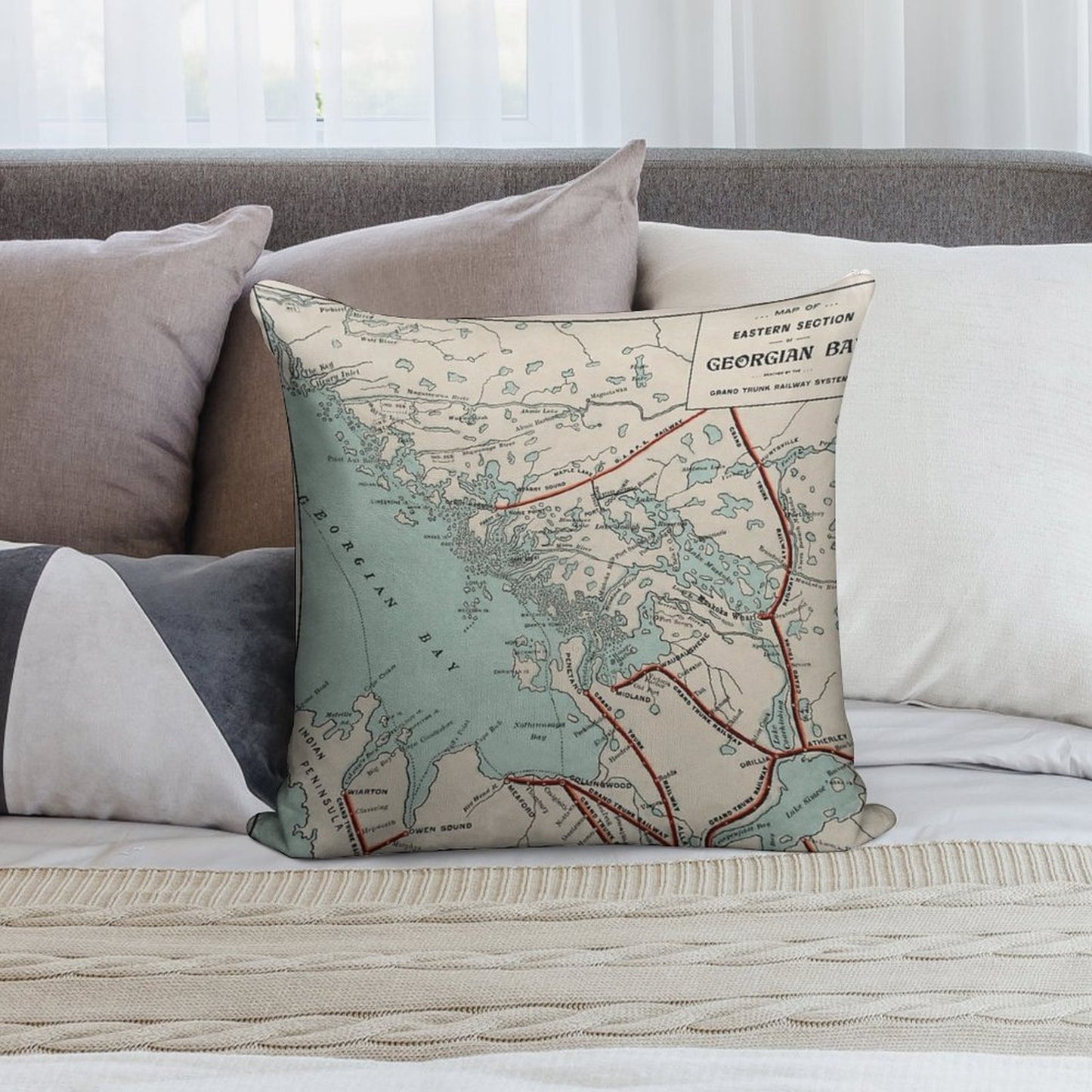Vintage Map of Georgian Bay And Muskoka Lakes Soft Reinforced Edging Throw Pillow