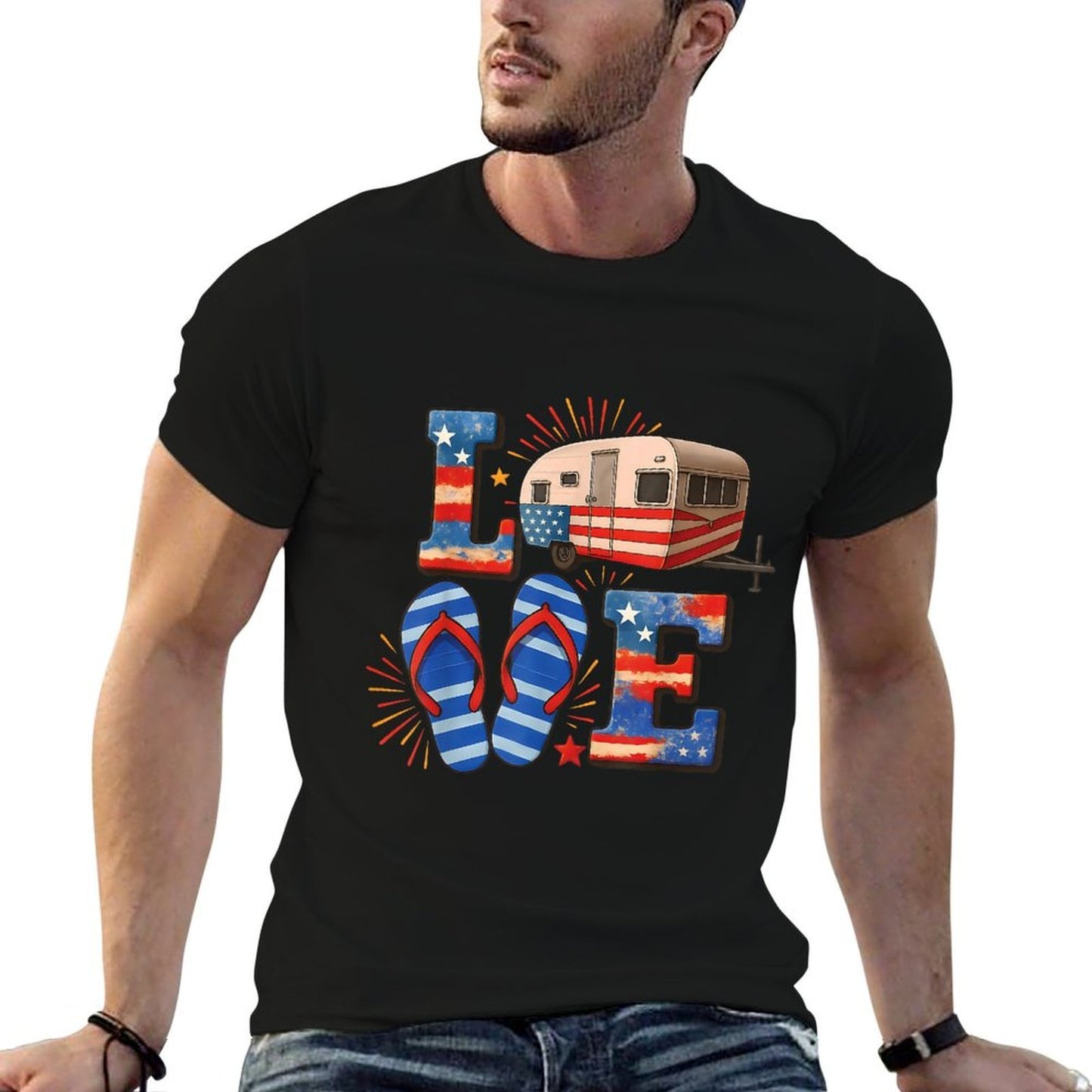 4th July Funny Camper Van USA Patriotic Camping Lovers  Oversized Silhouette T-Shirt
