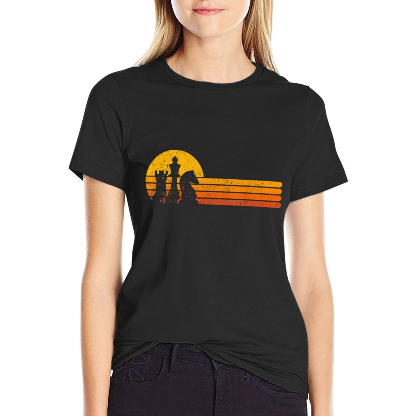 Vintage Chess Player Retro Sunset Design Chess Pieces Cotton T-Shirt