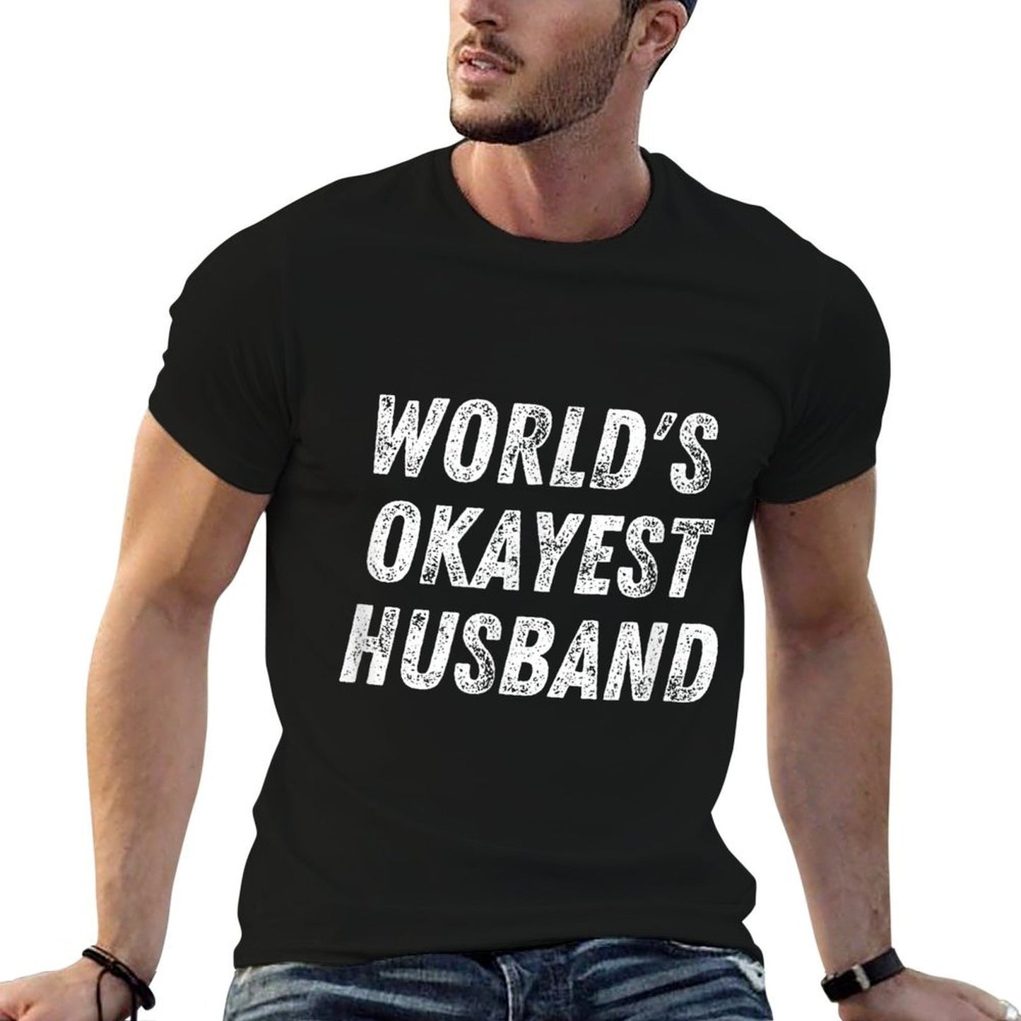 Worlds Okayest Husband Funny Dad Birthday Hubby Fathers Day Heathered Texture T-Shirt