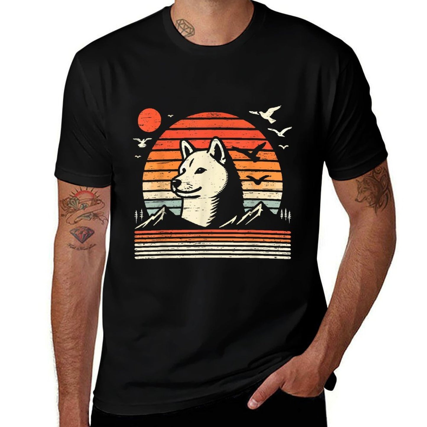 Vintage Shiba Inu Sunset Mountains Birds Moisture-wicking T-Shirt