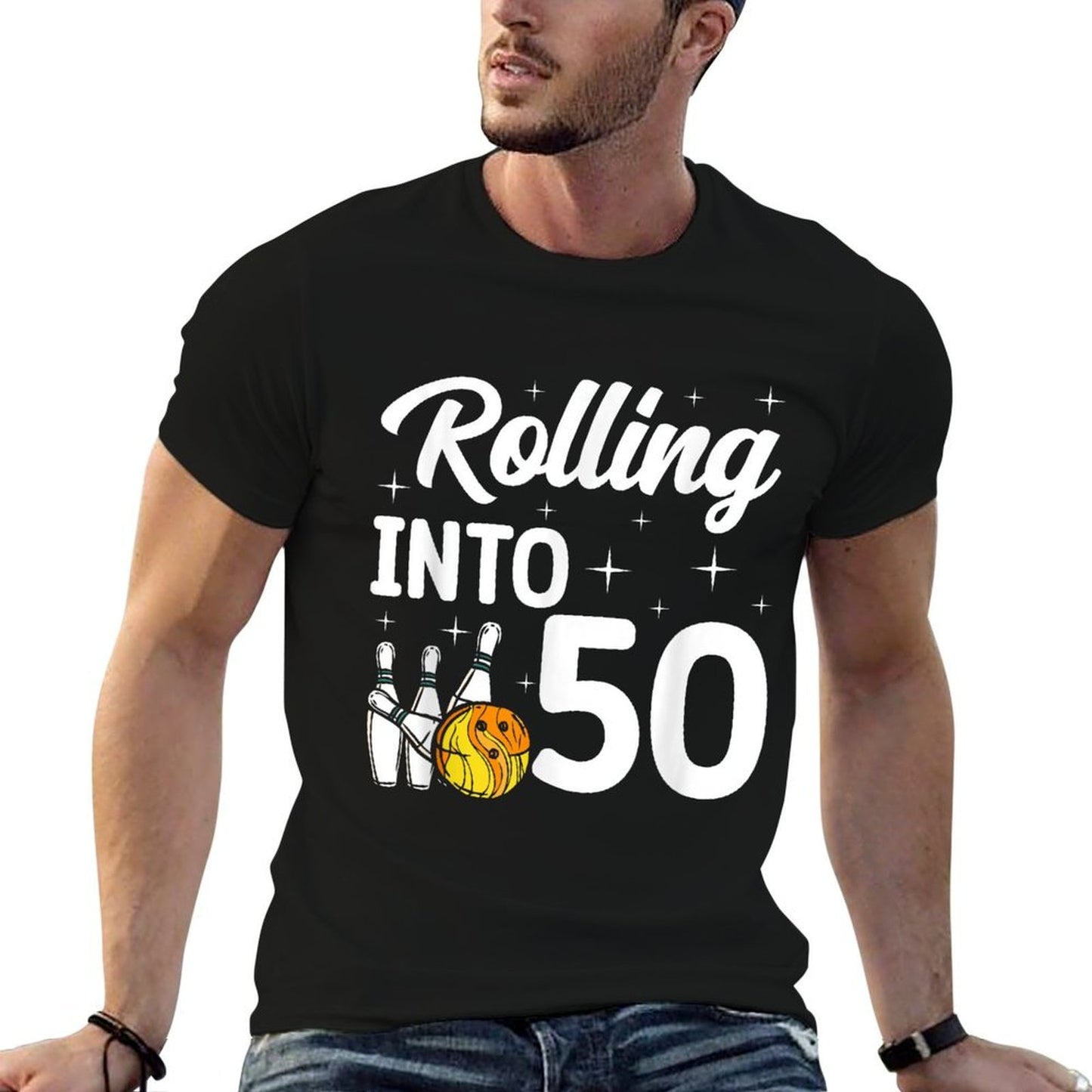 Rolling Into 50 Bowling 50th Birthday Ribbed Collar T-Shirt