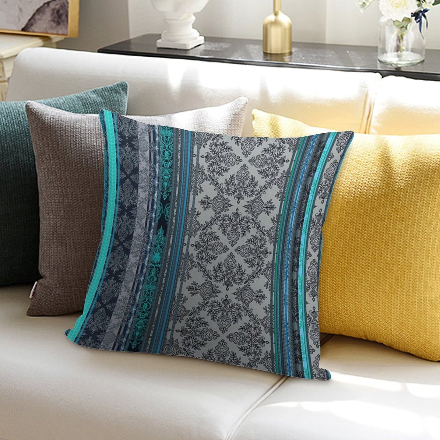 Teal, Aqua & Grey Vintage Bohemian Wallpaper Soft Skin-Friendly Throw Pillow