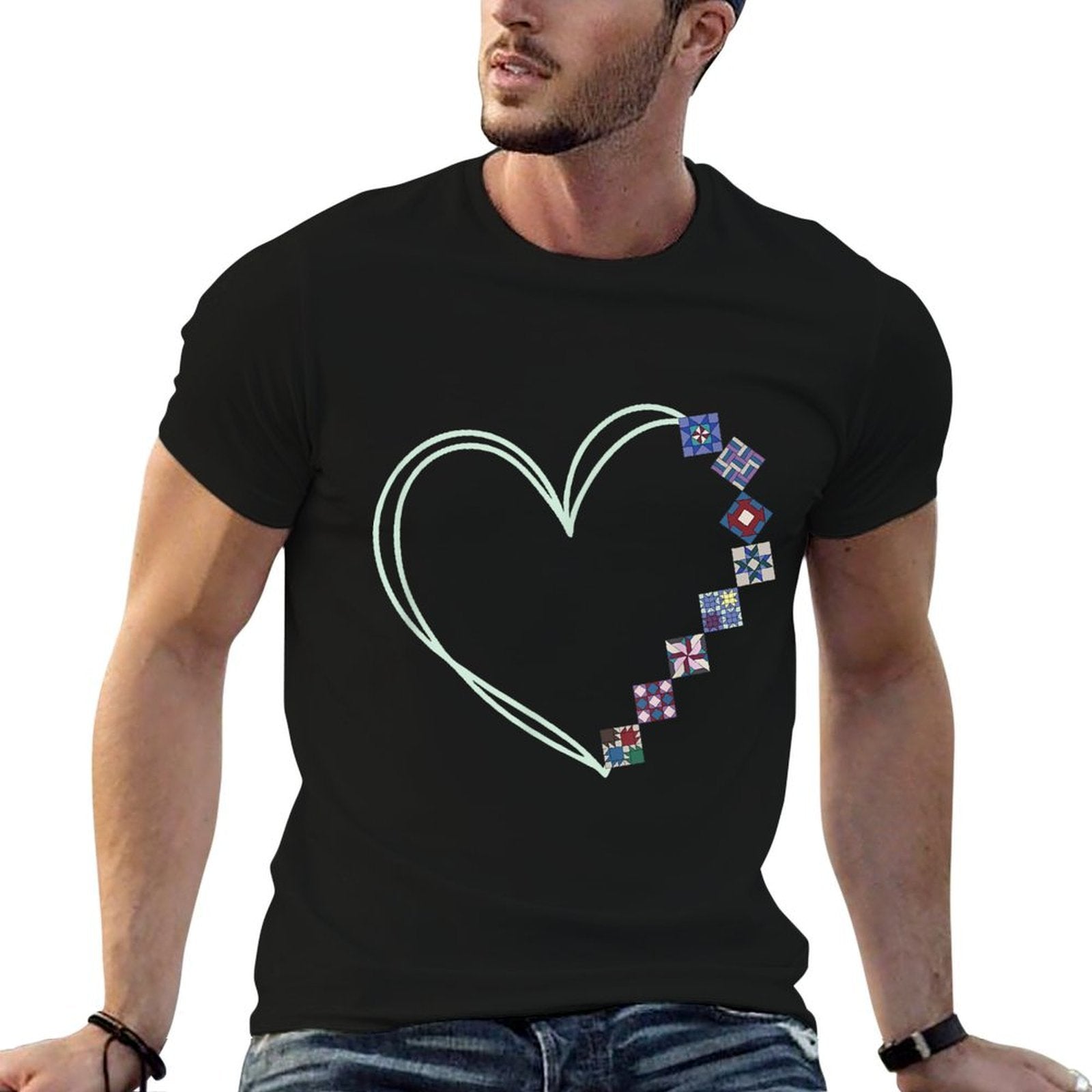 A Heart Made of Quilt Blocks Quilting  Heathered Texture T-Shirt