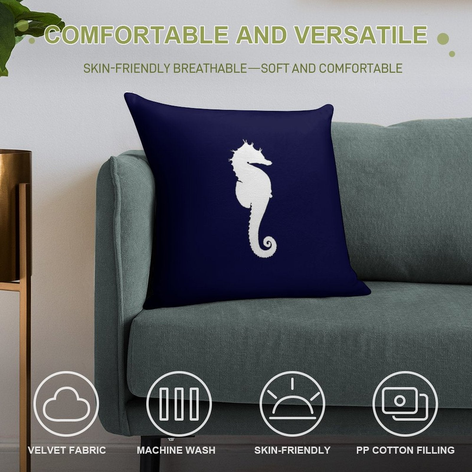 White Seahorse On Navy Blue Soft Easy Maintenance Throw Pillow