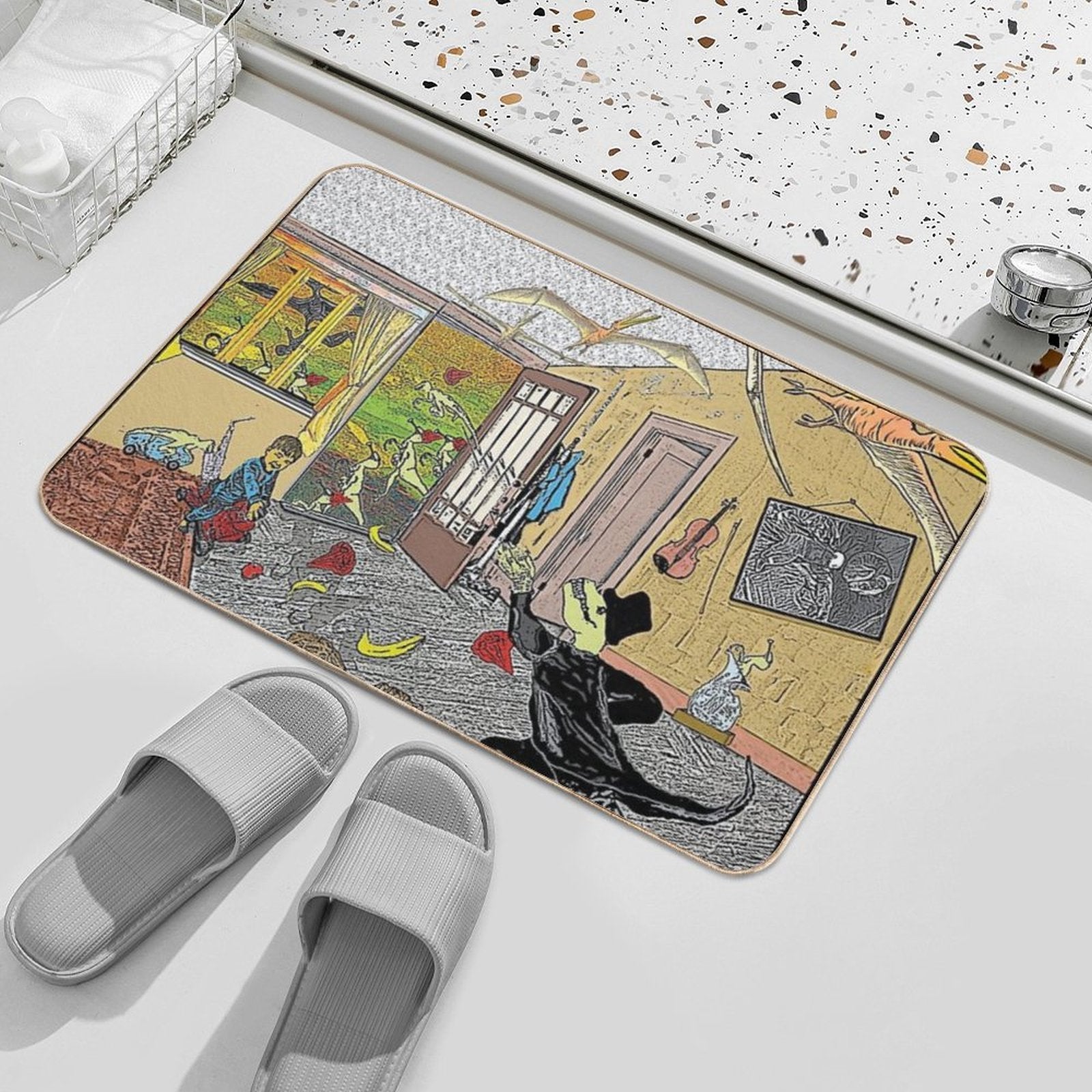 A Tuxedoed Dinosaur Helps Evict Rowdy Party-goers.  Odorless Bath Mat