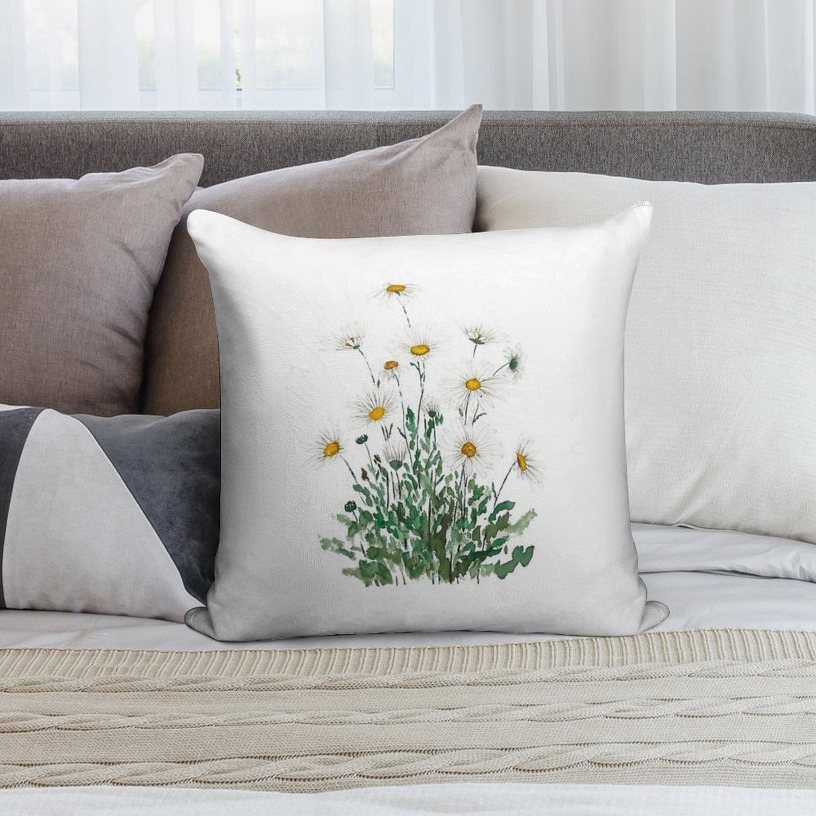 Hand Painted White Margaret Daisy Watercolor Soft Washable Throw Pillow