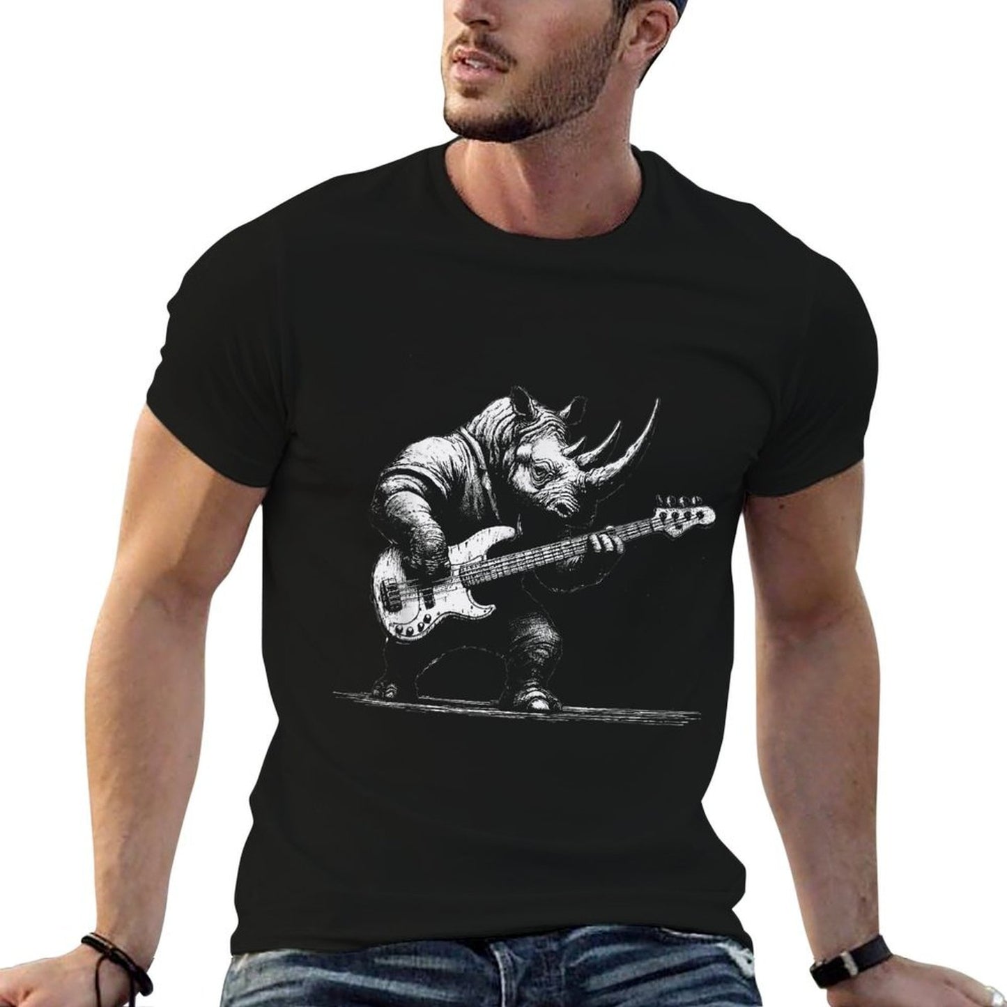 Rock Rhino Playing Bass Guitar - Funny Guitar Rhino Music Eco-friendly Material T-Shirt