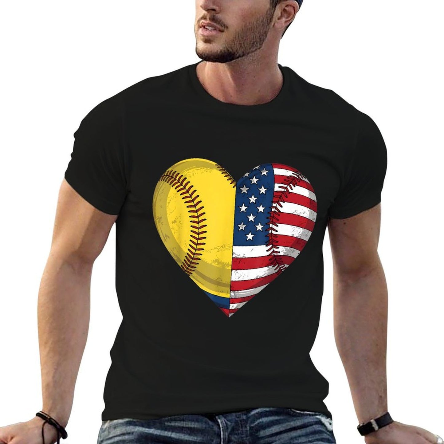 Softball Heart American 4th Of July for Womenn Girl Summer-ready Fabric T-Shirt