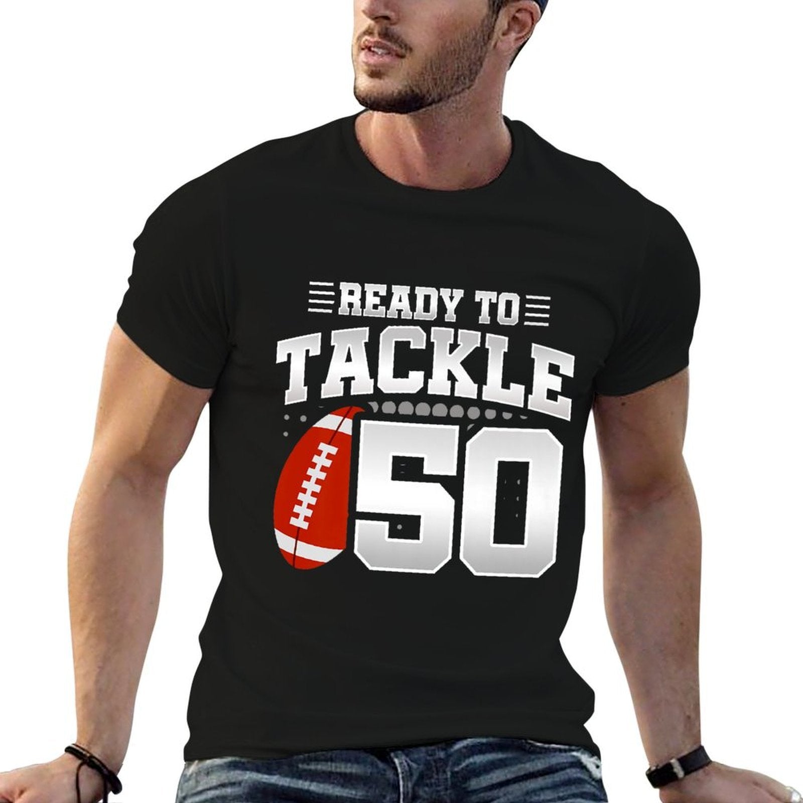 50th Birthday - Football Birthday Party - 50th Birthday Premium  Ribbed Collar T-Shirt