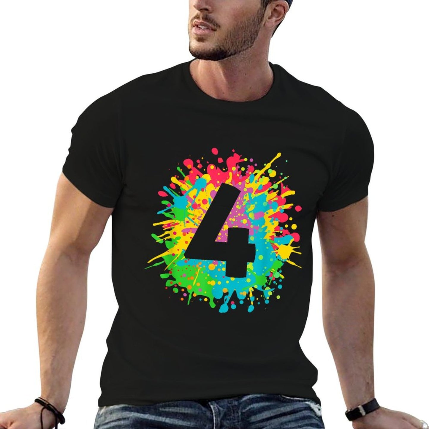 4th Birthday Paint Splashes T-shirt for Kids, Girls, Boys.  Fade-proof Color T-Shirt