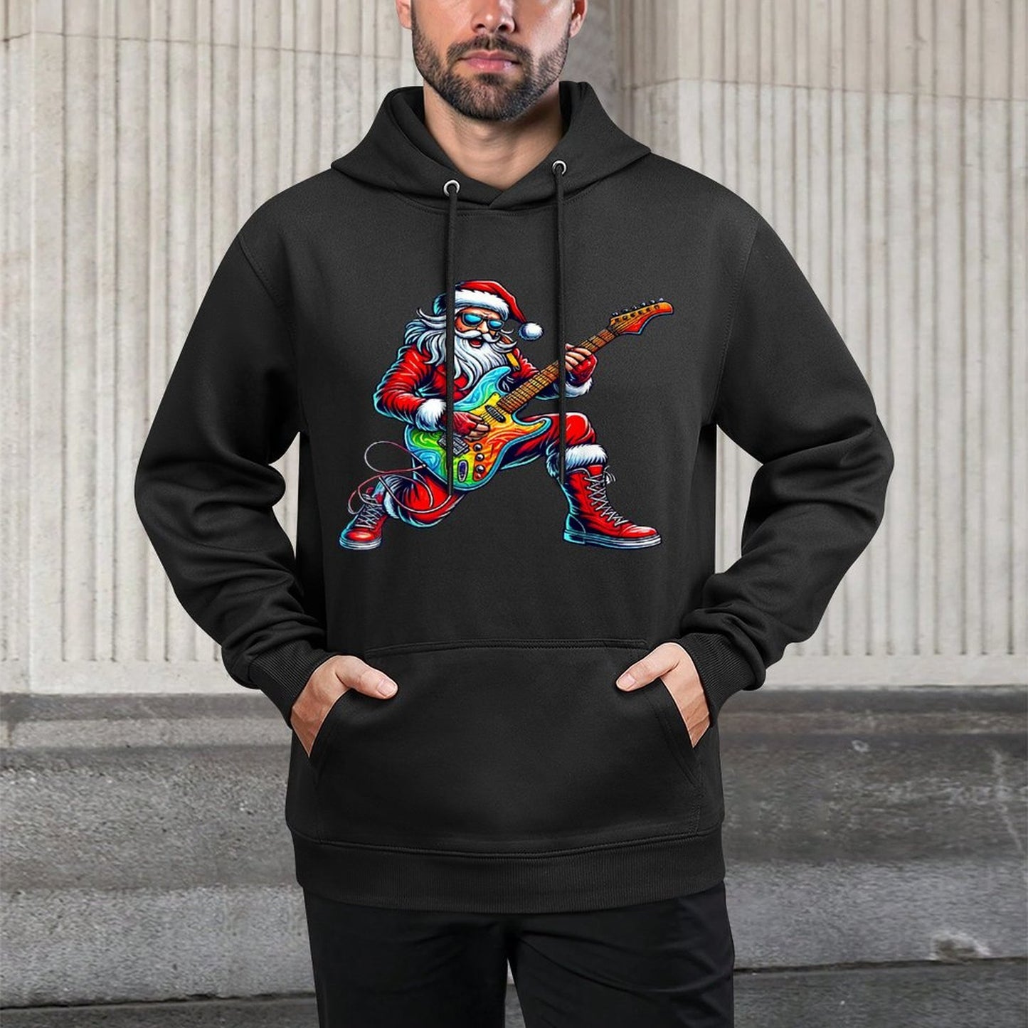 Santa Playing Guitar Musician Guitarist Christmas Pajama Adjustable Hood Hoodie