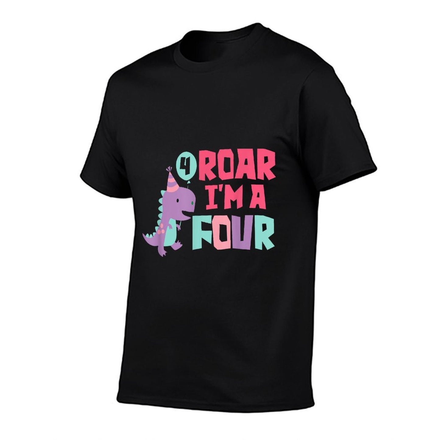 Roar I'm A Four 4th Birthday For Girl Saurus Rex Dinosaur Ribbed Collar T-Shirt