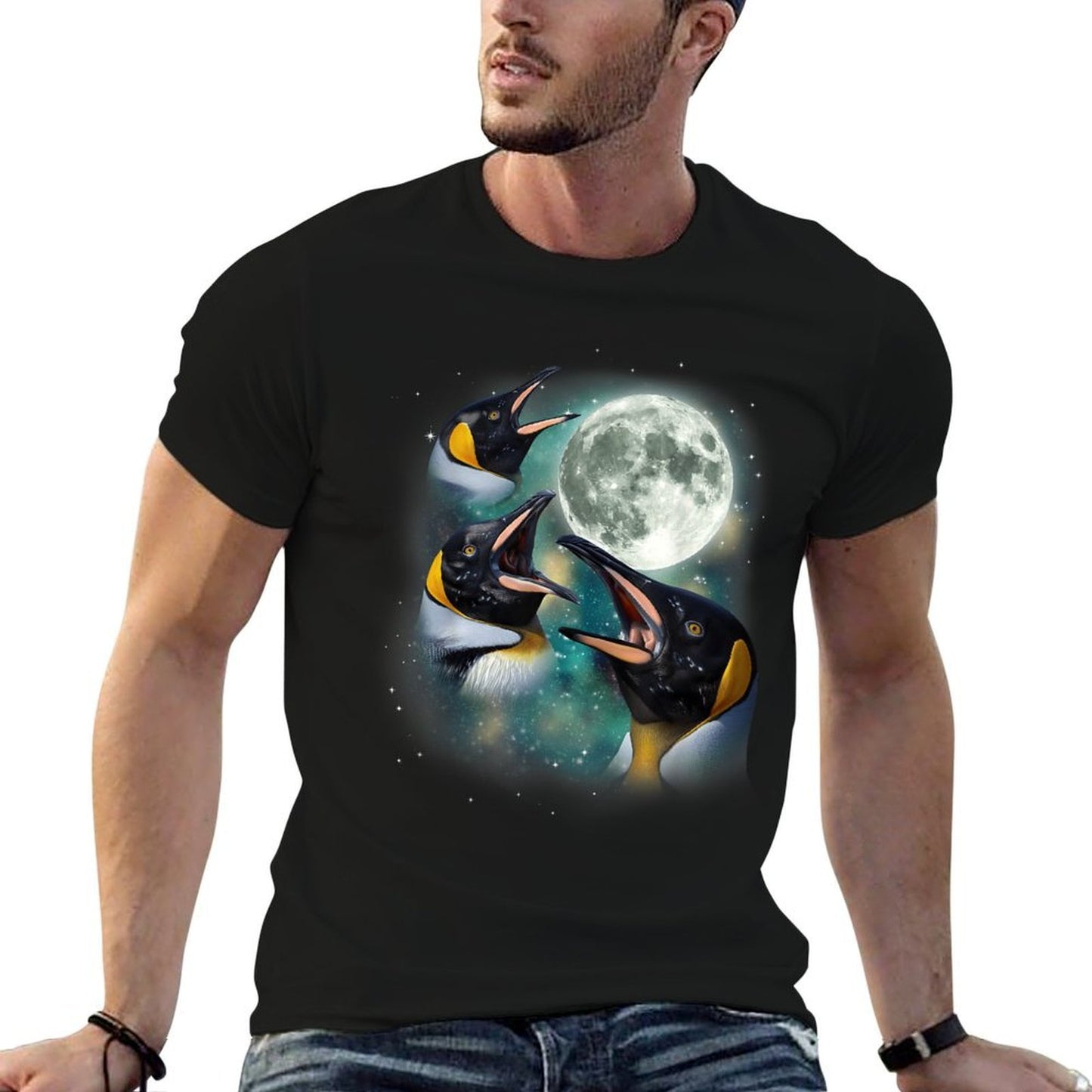 Three Penguin Moon 3 Funny Antarctic Birds Howling Parody Trendy Pattern T-Shirt