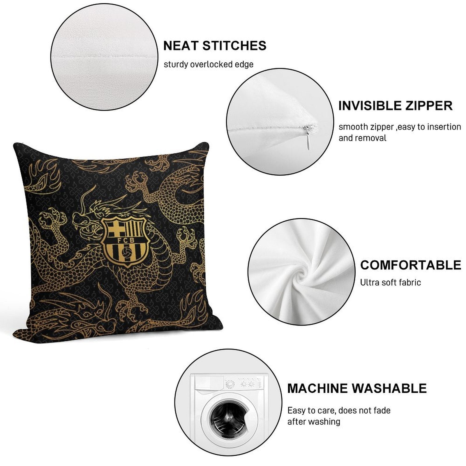 Barca Gold And Black Dragons Soft Reinforced Edging Throw Pillow