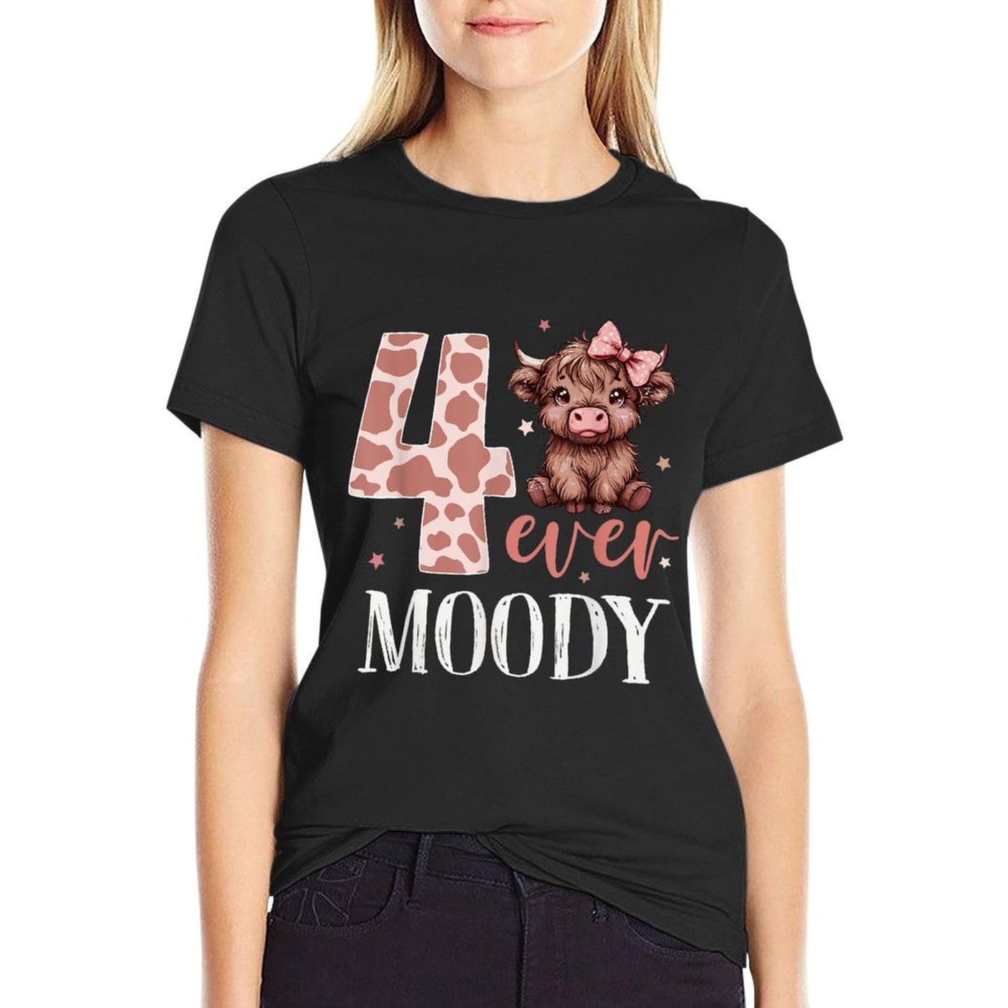 4 Ever Moody Scottish Highland Cow 4th Birthday Girl Graphic-printed T-Shirt