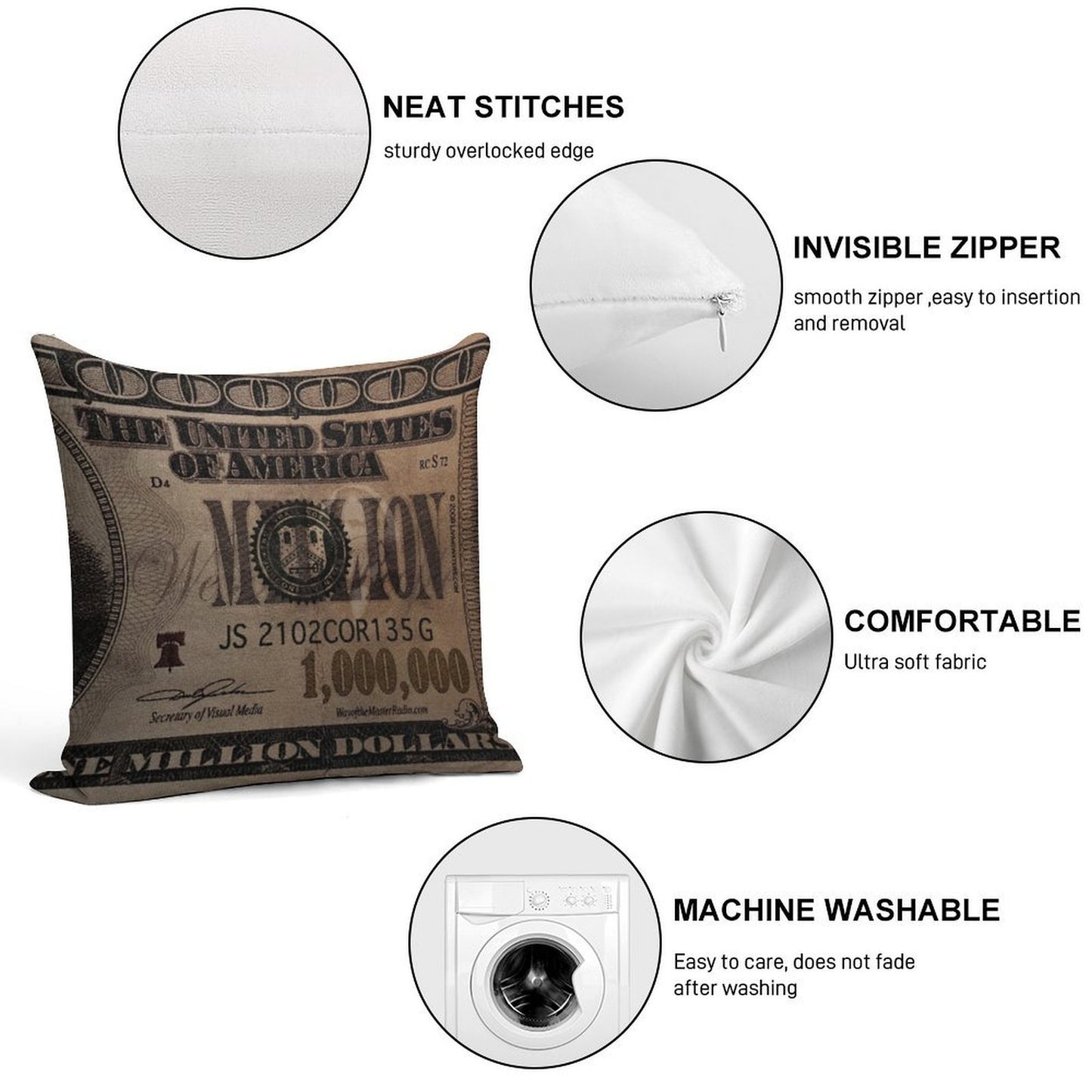 1 Million Dollar Bill Soft Durable Construction Throw Pillow