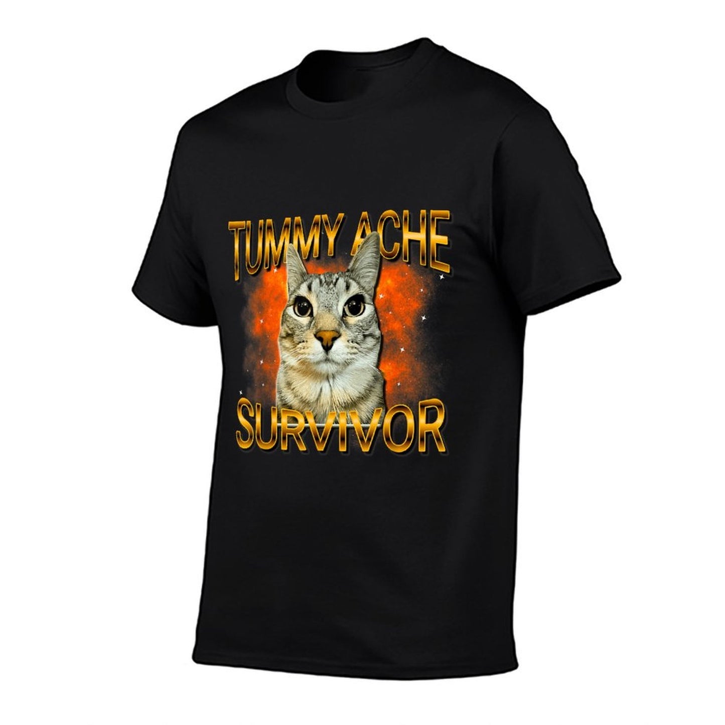 Tummy Ache Survivor Cat Meme Funny Saying Cats Animals Rolled Sleeves T-Shirt