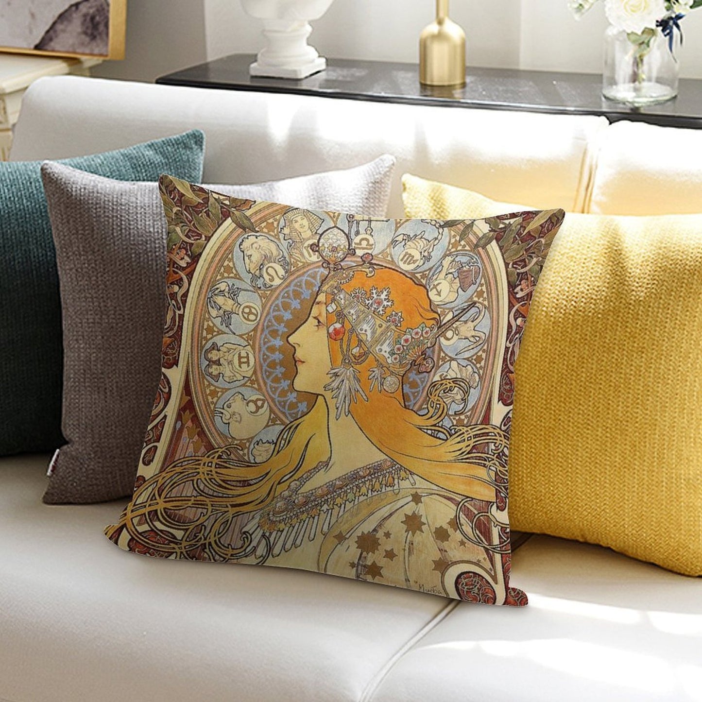 Alphonse Mucha Zodiac Art Nouveau Woman Soft Hidden Zipper Throw Pillow