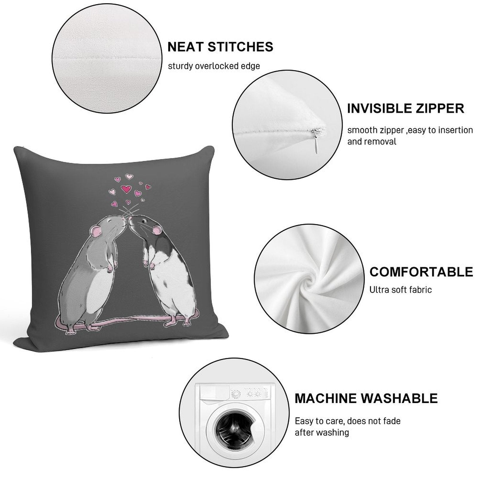 Rat Kisses (White Outline) Soft Washable Throw Pillow
