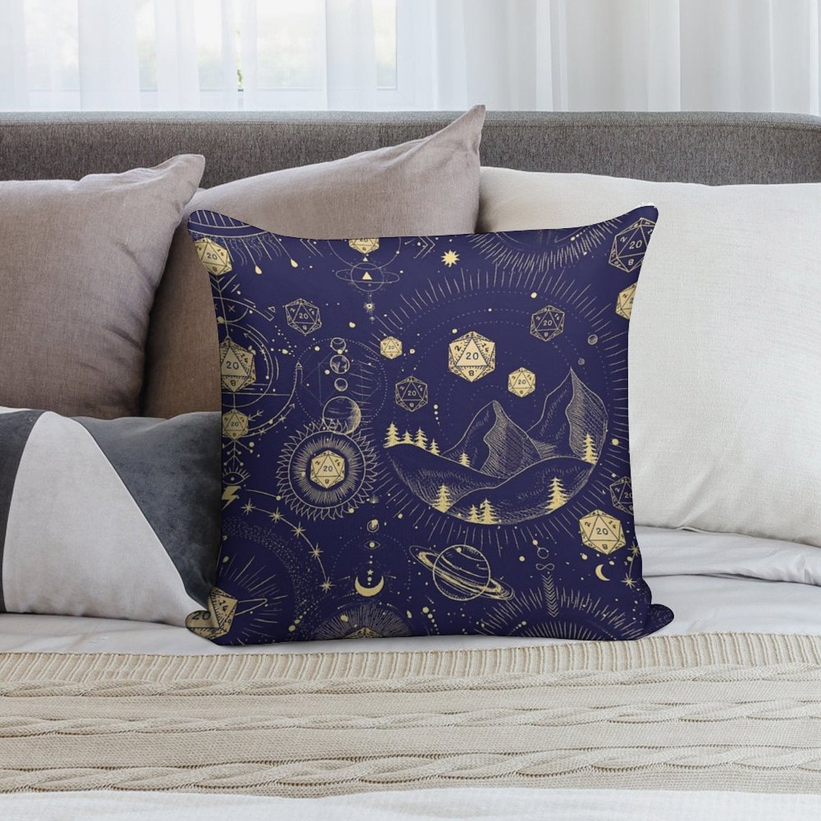 DND CELESTIAL DICE, D20 Stars Constellations Pattern Night Sky Soft Reinforced Edging Throw Pillow