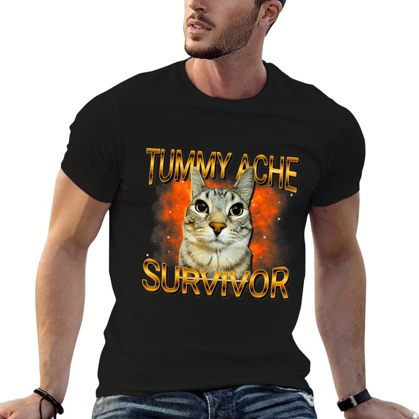 Tummy Ache Survivor Cat Meme Funny Saying Cats Animals Rolled Sleeves T-Shirt