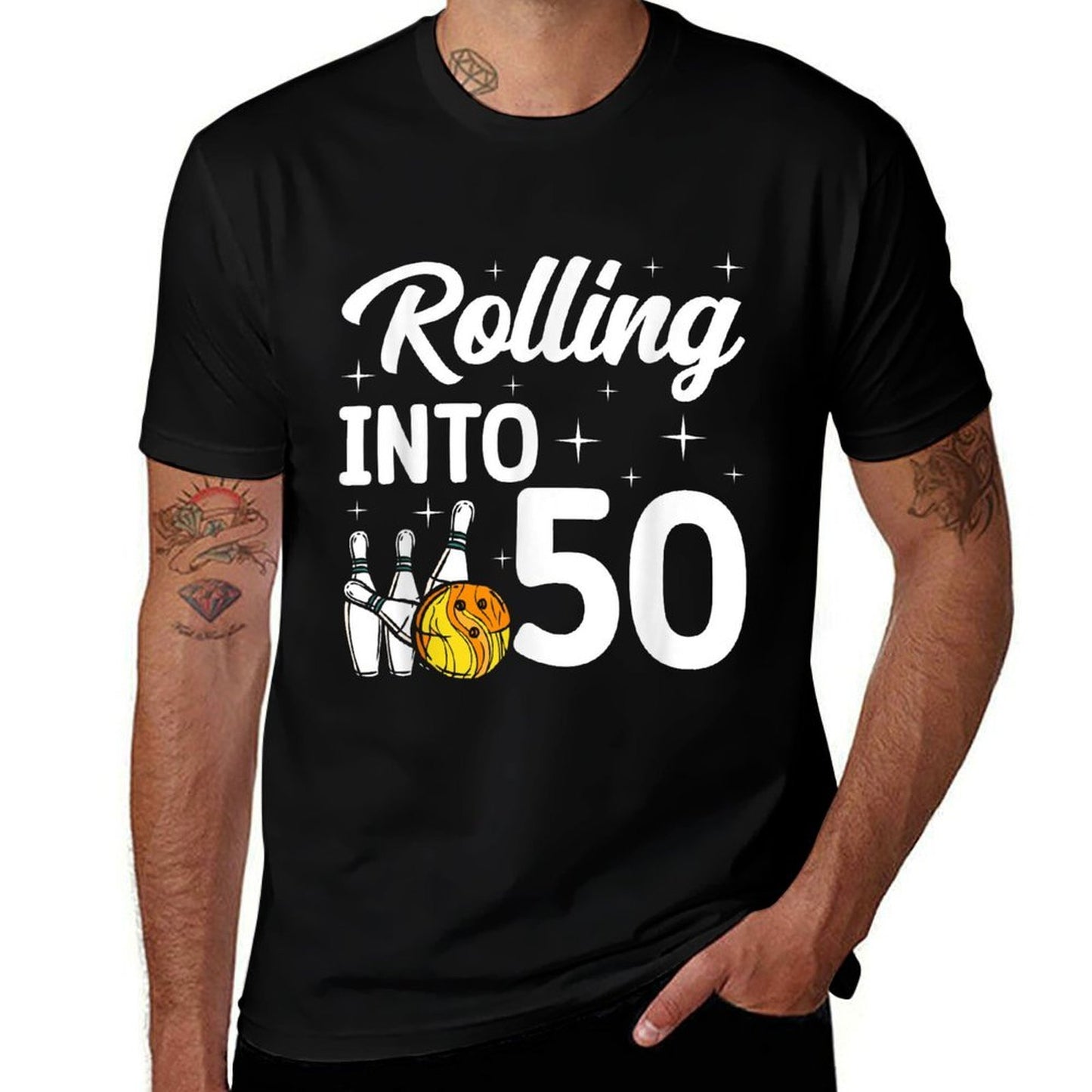 Rolling Into 50 Bowling 50th Birthday Ribbed Collar T-Shirt