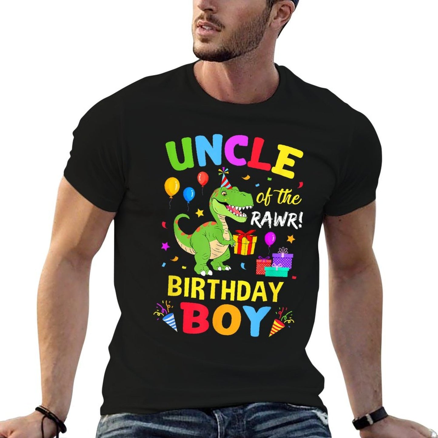 Uncle Of The Birthday Boy T-Rex Funny Dinosaur Boy Party Fade-proof Color T-Shirt
