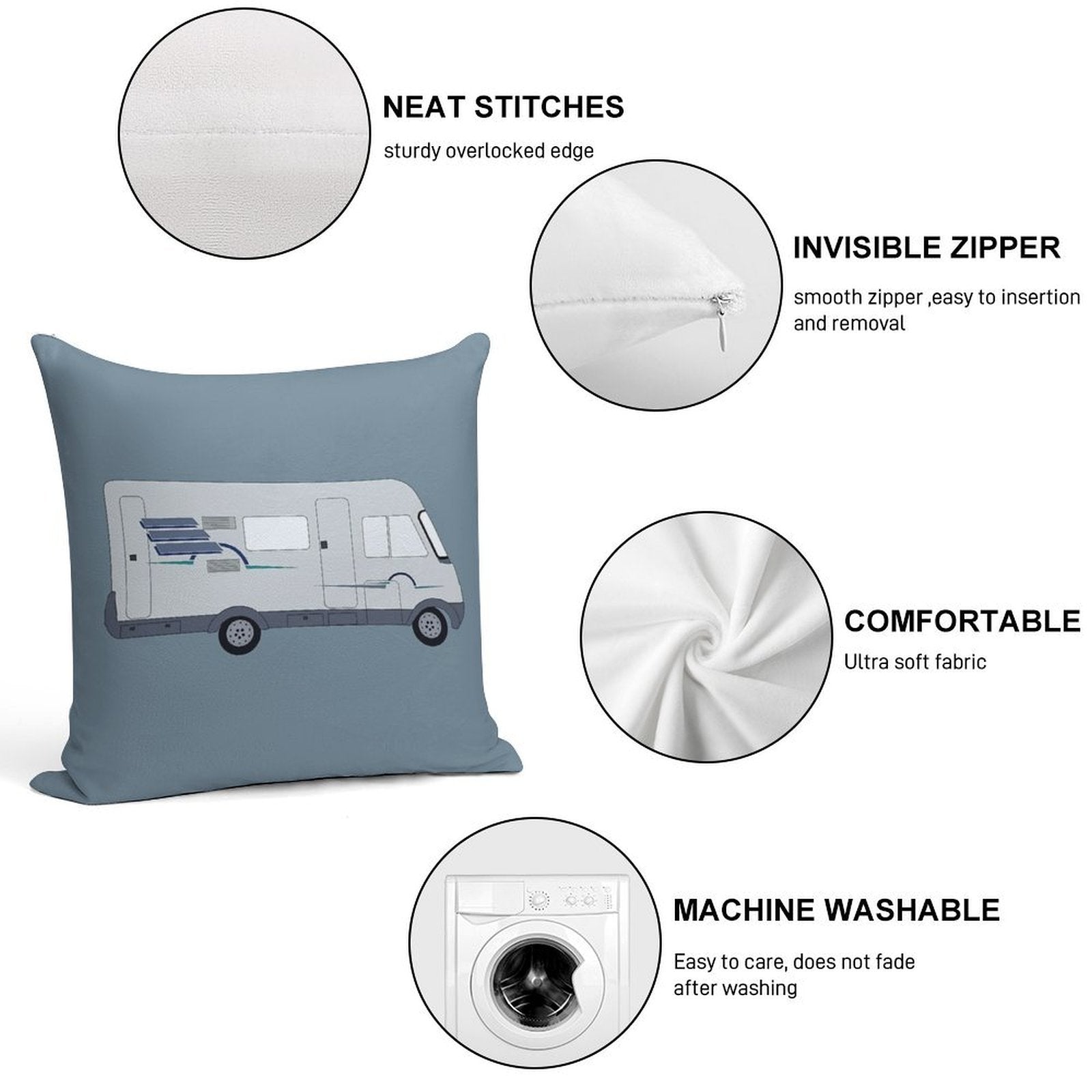 Hymer Motorhome Cartoon Graphic Soft Short Plush Fabric Throw Pillow