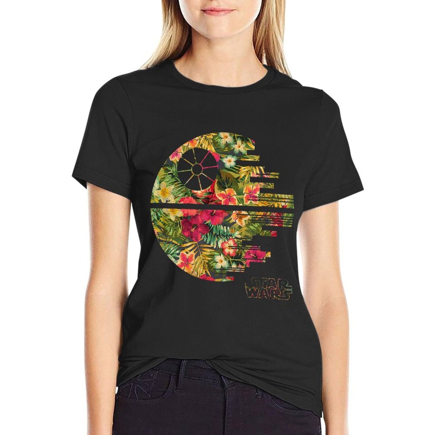 Star Wars Classic Death Star Silhouette Flower Portrait Heathered Texture T-Shirt