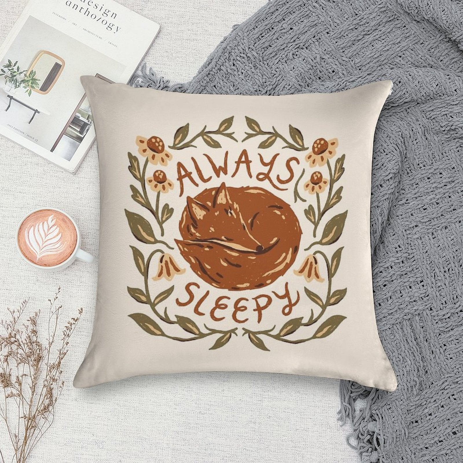 Always Sleepy Fox Soft Short Plush Fabric Throw Pillow