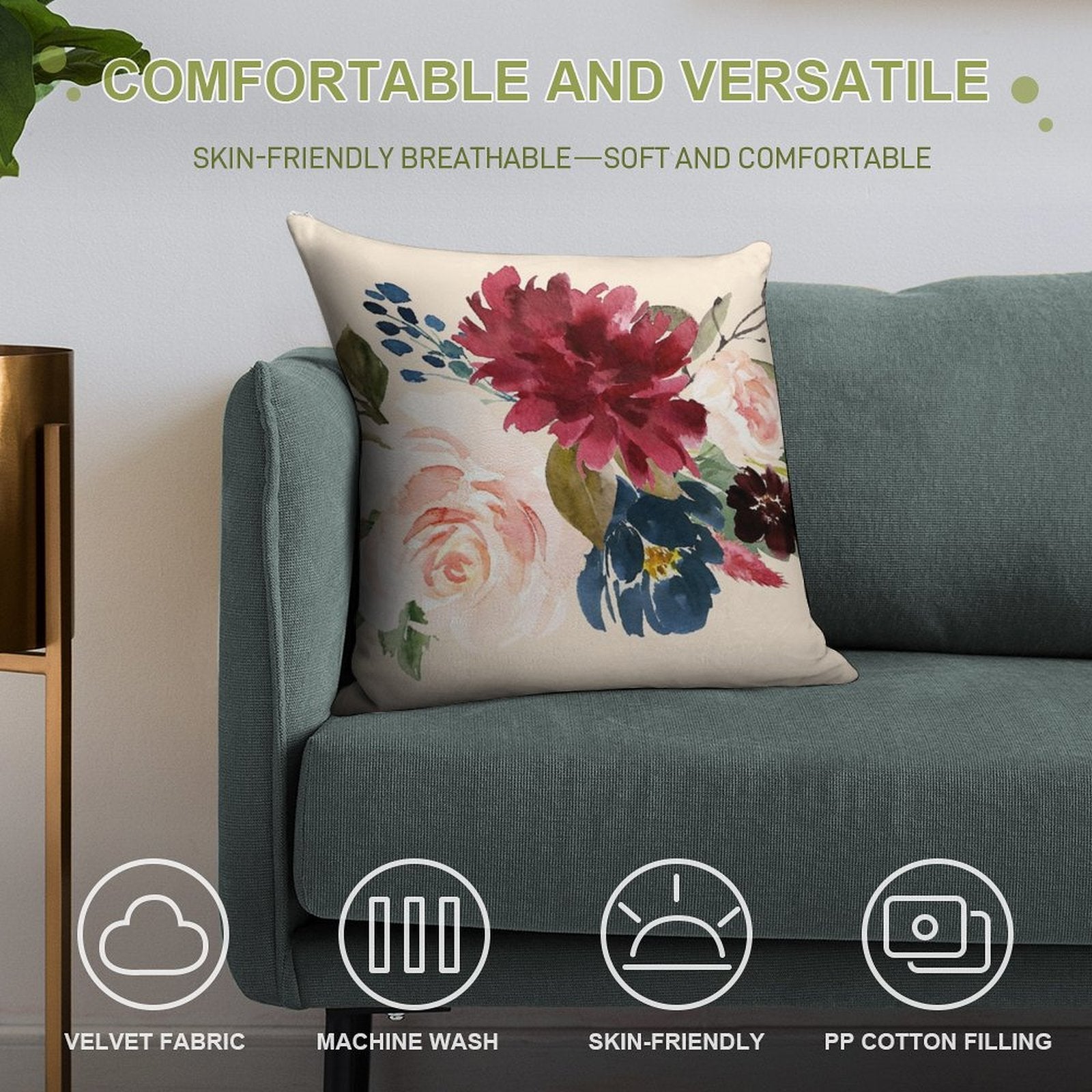 Burgundy Navy Peach Watercolor Flowers Soft Reinforced Edging Throw Pillow