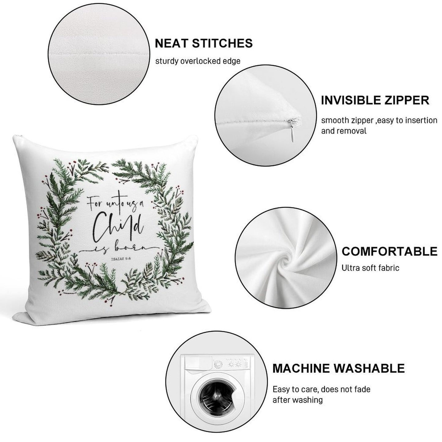 Unto Us A Child Is Born Pine Wreath Soft Shrink-Resistant Throw Pillow