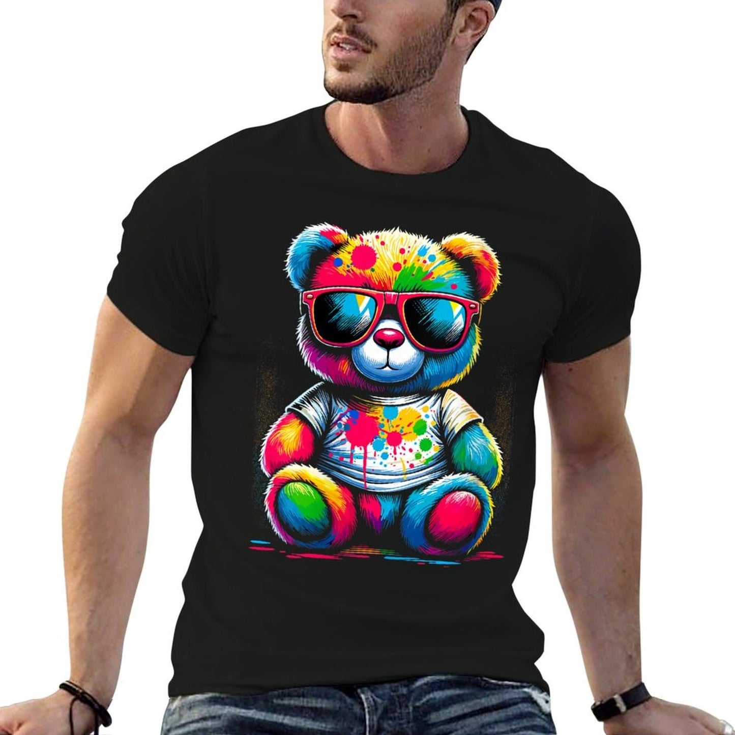 Womens Colorful Teddy Bear with Sunglasses Moisture-wicking T-Shirt