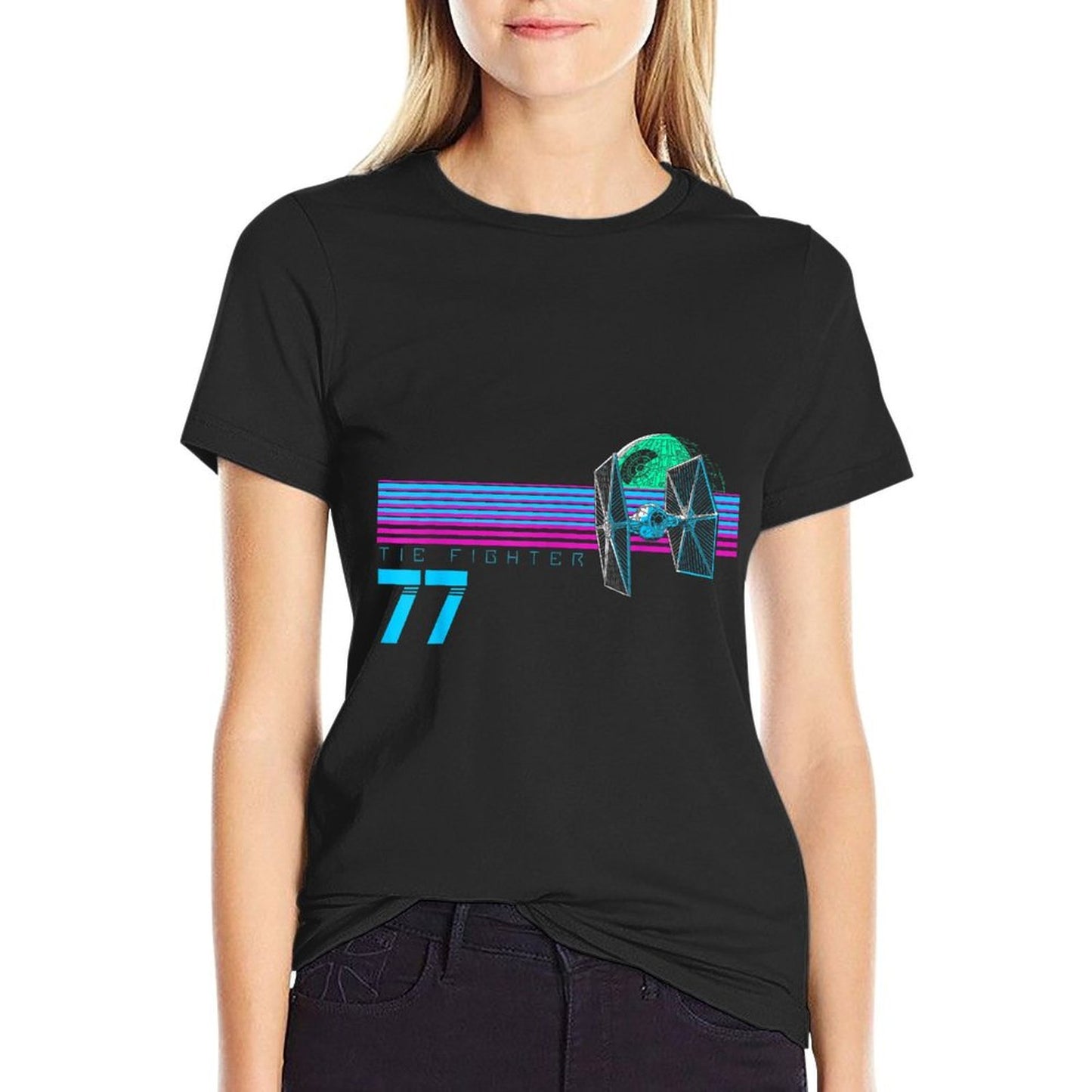 Star Wars Tie Fighter 77 Neon Retro Skyline Graphic Cotton T-Shirt