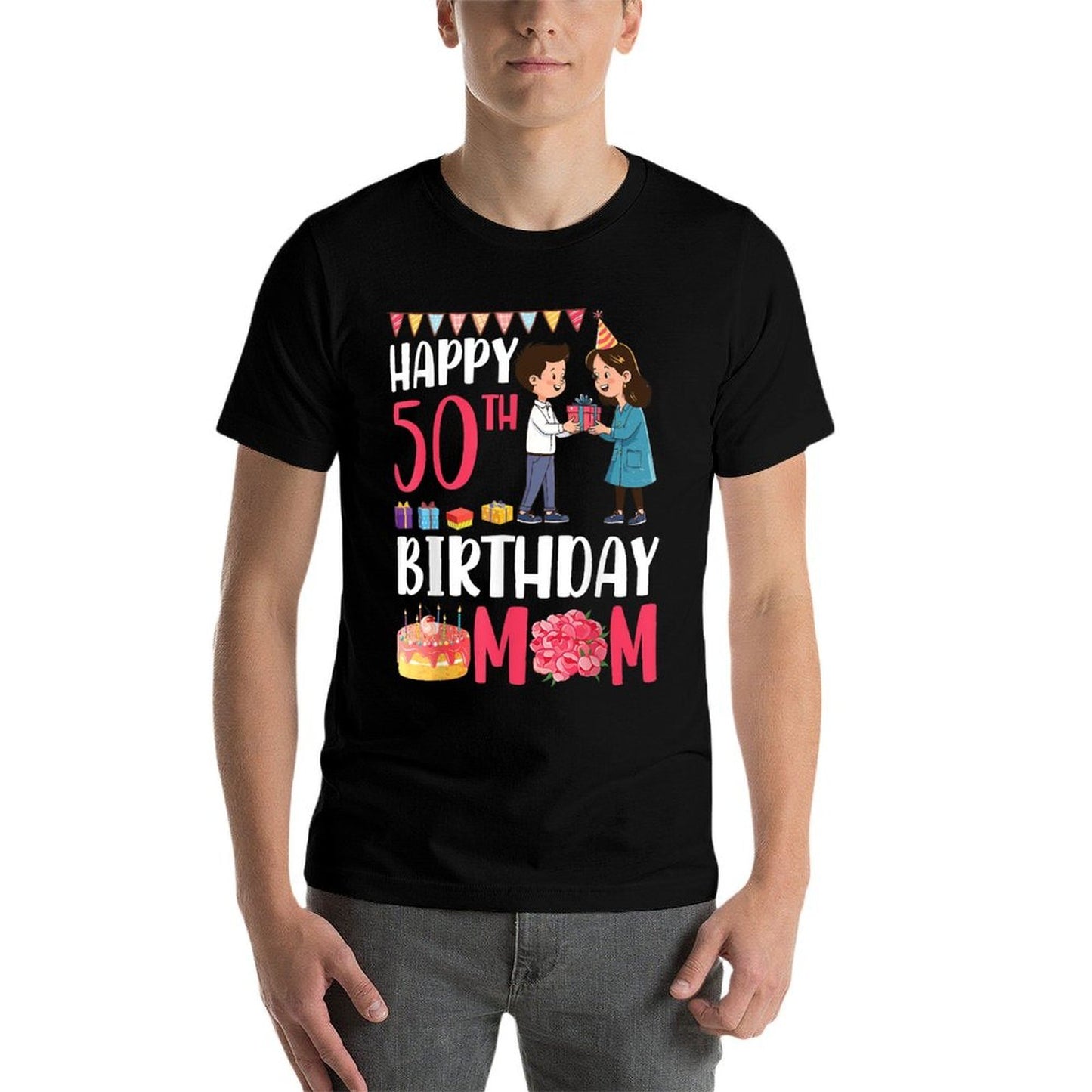 Son Happy 50th Birthday Mom With Presents Cake And Flowers Soft T-Shirt