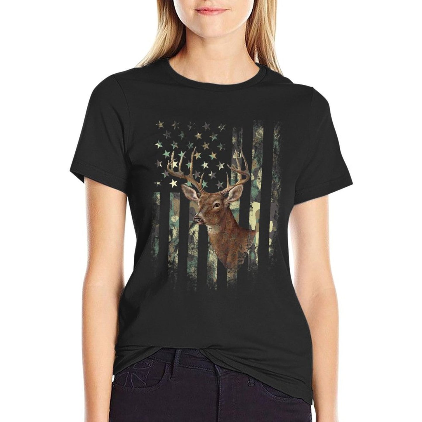 (Art on Back) American Deer Hunting Camo Women Kids Men Durable T-Shirt