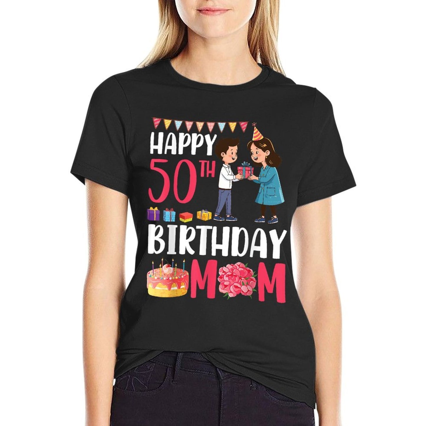 Son Happy 50th Birthday Mom With Presents Cake And Flowers Soft T-Shirt