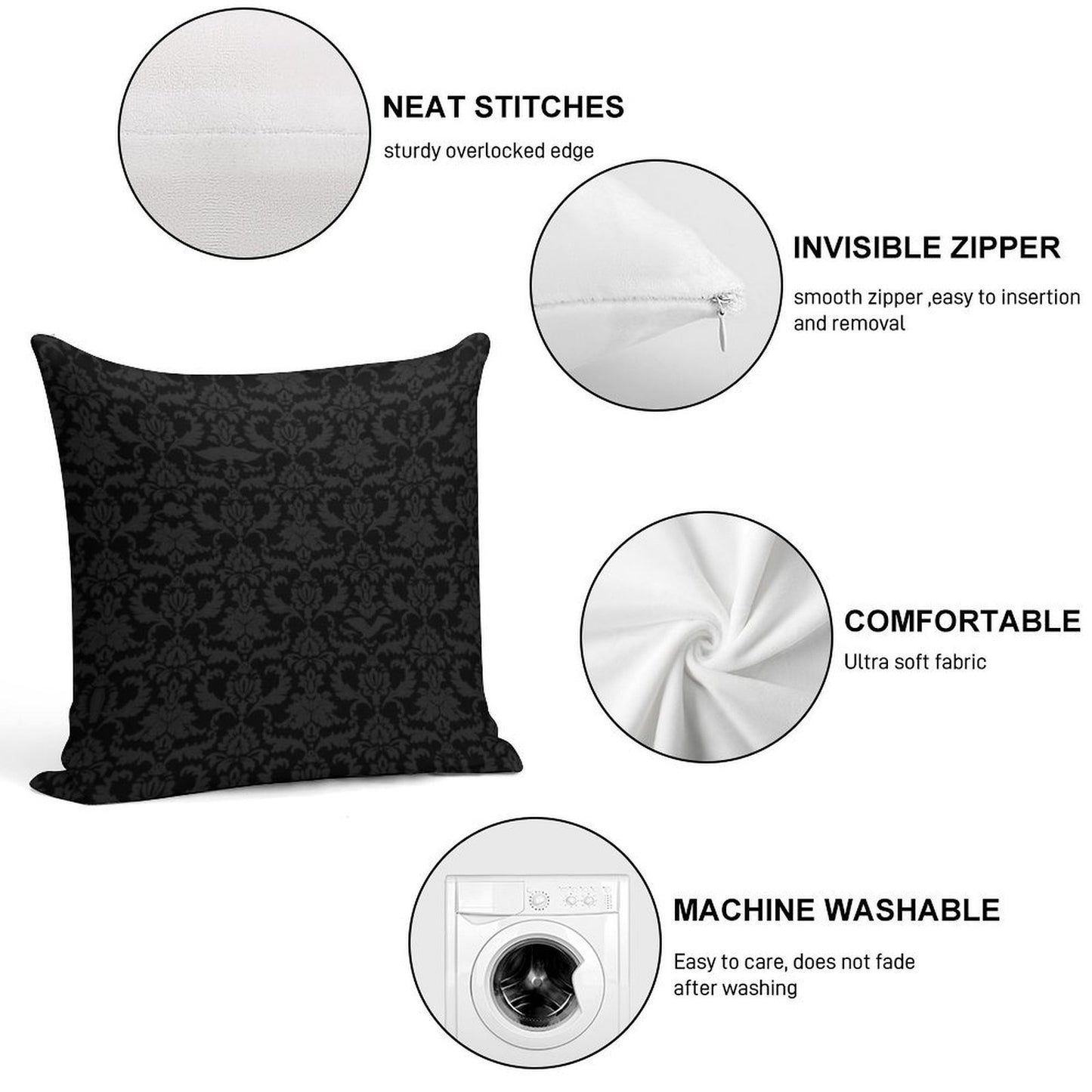 Victorian Gothic Pattern (Black) Soft Washable Throw Pillow