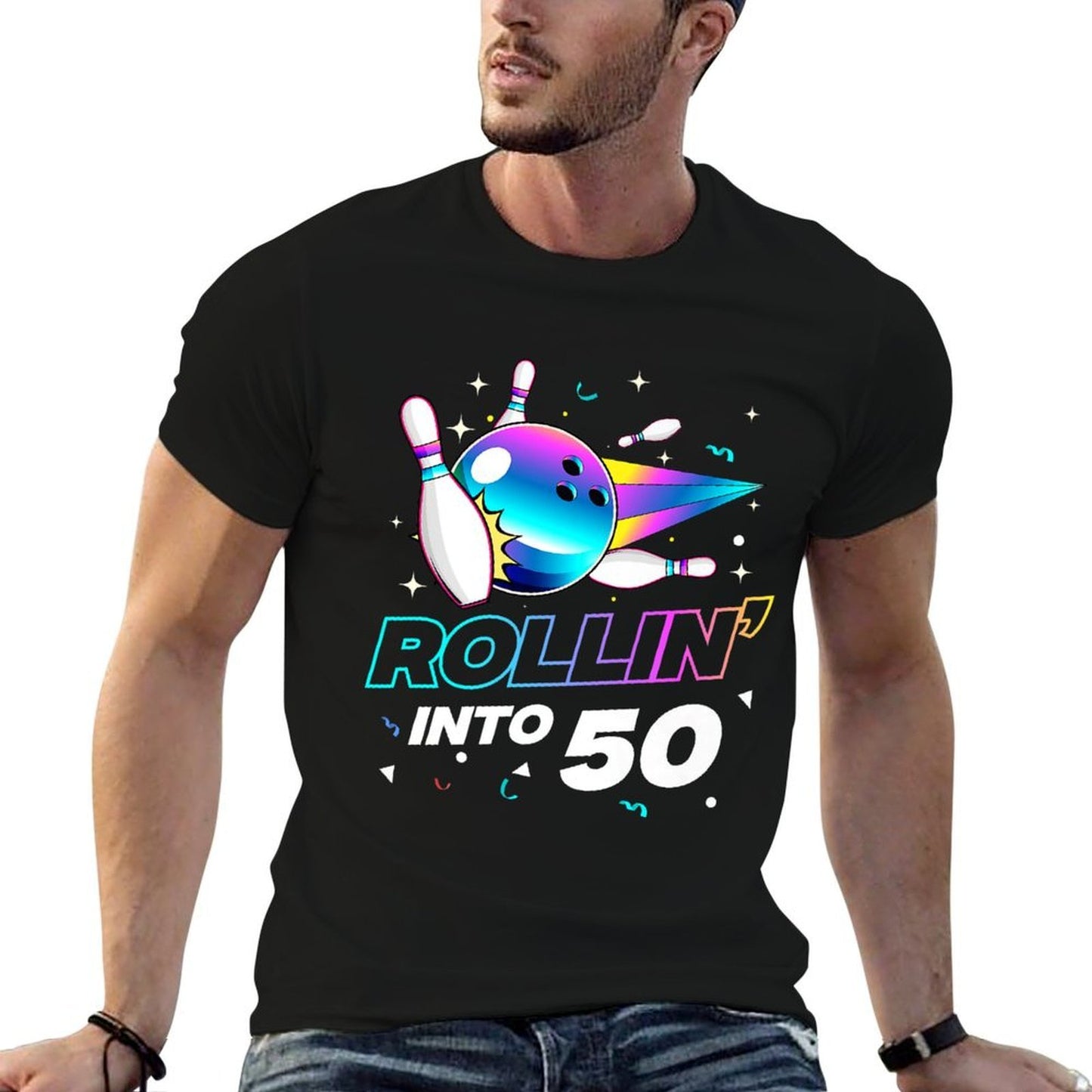 Rollin Into 50 Bowling Bowler 50th Birthday Retro Premium Affordable Price T-Shirt